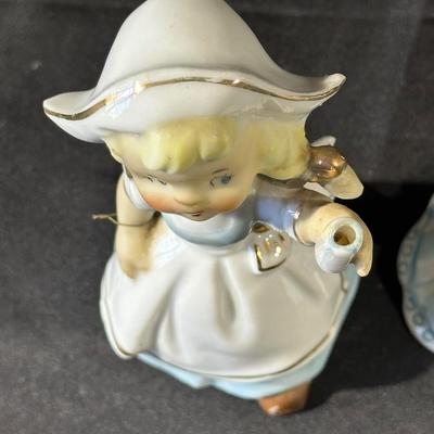 Lot of 3 Vintage Figurines, Two with handmade umbrellas