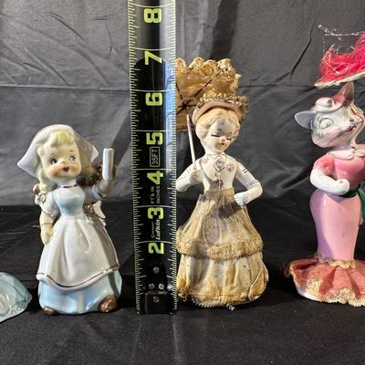 Lot of 3 Vintage Figurines, Two with handmade umbrellas