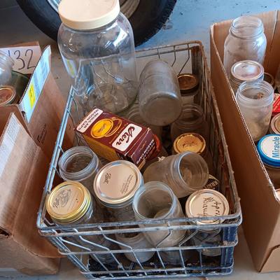 MILK CRATE AND BOX OF CANNING JARS
