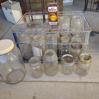 MILK CRATE AND BOX OF CANNING JARS