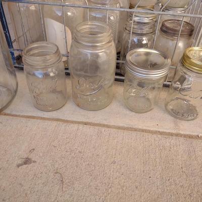 MILK CRATE AND BOX OF CANNING JARS