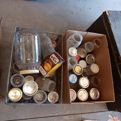 MILK CRATE AND BOX OF CANNING JARS