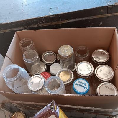 MILK CRATE AND BOX OF CANNING JARS