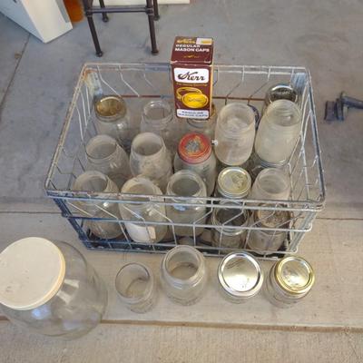 MILK CRATE AND BOX OF CANNING JARS