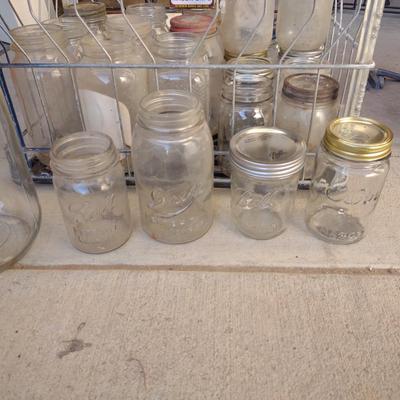 MILK CRATE AND BOX OF CANNING JARS