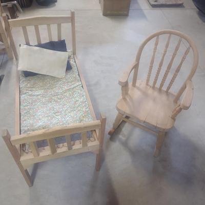 CHILD'S HANDMADE DOLL BED AND ROCKING CHAIR