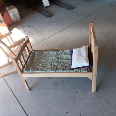 CHILD'S HANDMADE DOLL BED AND ROCKING CHAIR