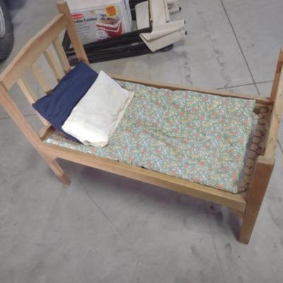 CHILD'S HANDMADE DOLL BED AND ROCKING CHAIR