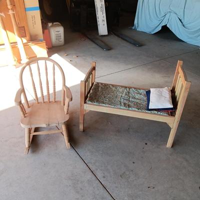 CHILD'S HANDMADE DOLL BED AND ROCKING CHAIR