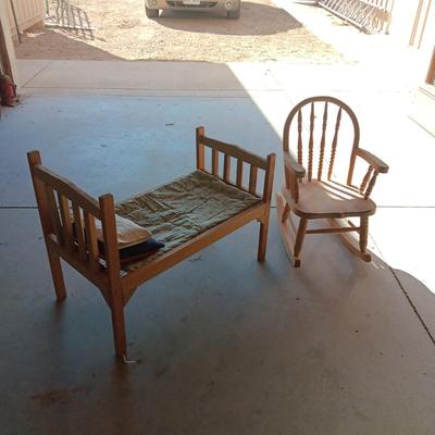 CHILD'S HANDMADE DOLL BED AND ROCKING CHAIR