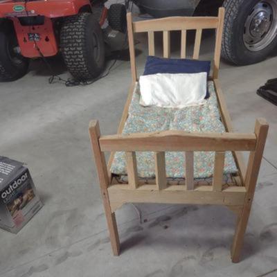 CHILD'S HANDMADE DOLL BED AND ROCKING CHAIR