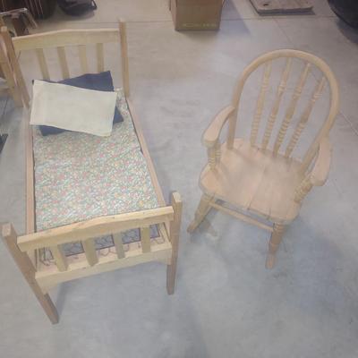 CHILD'S HANDMADE DOLL BED AND ROCKING CHAIR