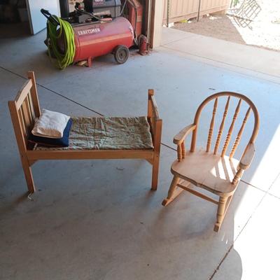 CHILD'S HANDMADE DOLL BED AND ROCKING CHAIR