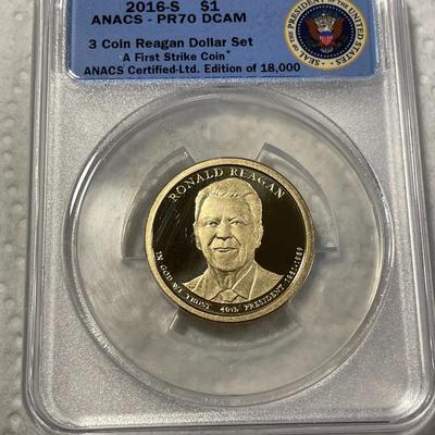 ANACS Certified 2016-S PROOF70 DEEP CAMEO RONALD REAGAN Presidential Dollar Coin "First Strike" as Pictured. FREE DOMESTIC...