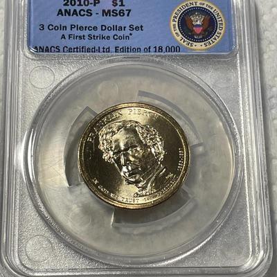 ANACS Certified 2010-P MS67 FRANKLIN PIERCE Presidential Dollar Coin "First Strike" as Pictured. FREE DOMESTIC SHIPPING.