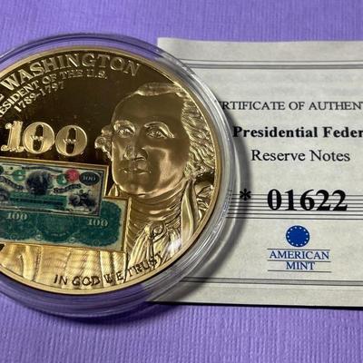 WASHINGTON PRESIDENTIAL FEDERAL RESERVE NOTES PROOF GOLD-TONE MEDAL BY THE AMERICAN MINT AS PICTURED.