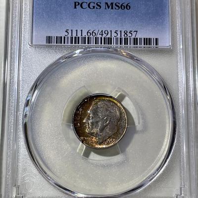 PCGS CERTIFIED 1955-S MS66 SUPERB TONED ROOSEVELT SILVER DIME AS PICTURED.