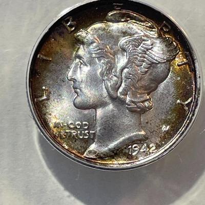 ANACS CERTIFIED 1942-P MS65 FULL SPLIT BANDS MERCURY DIME w/GOLDEN RIM TONNING AS PICTURED.