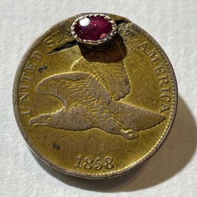 ANTIQUE CIVIL WAR/WWI ERA 1858 FLYING EAGLE CENT LAPEL PIN w/REAL RUBY STONE MOUNTED AS PICTURED.