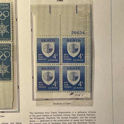 Winter Olympic Games & Seato 1960 Mint Condition US Stamp Plate Blocks Page as Pictured. Only One $5 Shipping Charge for 1 or 100...