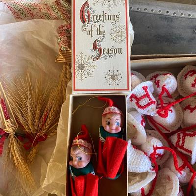 VINTAGE CHRISTMAS ELVES, STRING OF BELLS AND WHEAT DECORATIONS