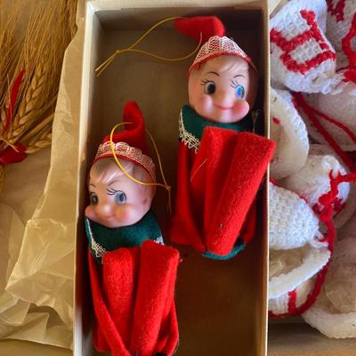 VINTAGE CHRISTMAS ELVES, STRING OF BELLS AND WHEAT DECORATIONS