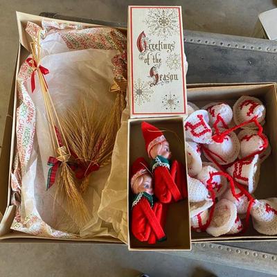 VINTAGE CHRISTMAS ELVES, STRING OF BELLS AND WHEAT DECORATIONS