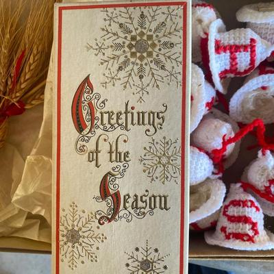 VINTAGE CHRISTMAS ELVES, STRING OF BELLS AND WHEAT DECORATIONS