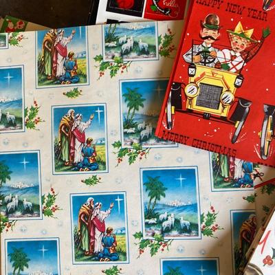BOX OF VINTAGE GIFT WRAP AND GIFT TAGS PLUS A BOX OF NOEL MATCHES
