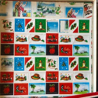 BOX OF VINTAGE GIFT WRAP AND GIFT TAGS PLUS A BOX OF NOEL MATCHES