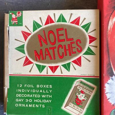 BOX OF VINTAGE GIFT WRAP AND GIFT TAGS PLUS A BOX OF NOEL MATCHES