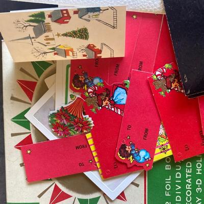 BOX OF VINTAGE GIFT WRAP AND GIFT TAGS PLUS A BOX OF NOEL MATCHES