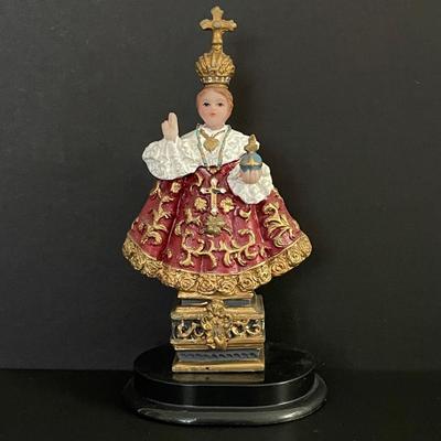 LOT 2: Assortment of Religious Items Including Infant of Prague Statute, Madonna Bust, Holy Bible in Wooden Case and Black Leather...