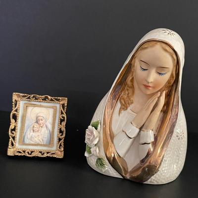 LOT 2: Assortment of Religious Items Including Infant of Prague Statute, Madonna Bust, Holy Bible in Wooden Case and Black Leather...