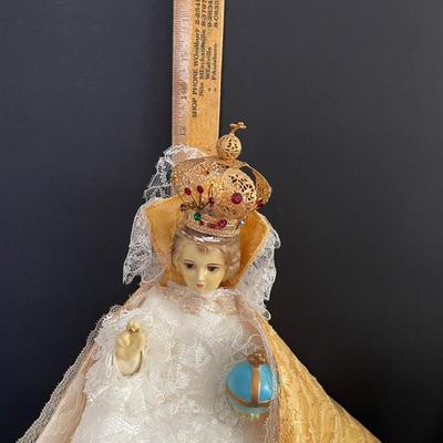 LOT 2: Assortment of Religious Items Including Infant of Prague Statute, Madonna Bust, Holy Bible in Wooden Case and Black Leather...