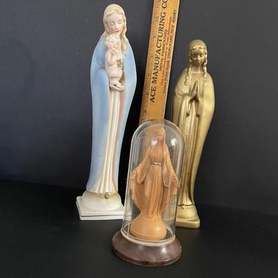 LOT 2: Assortment of Religious Items Including Infant of Prague Statute, Madonna Bust, Holy Bible in Wooden Case and Black Leather...