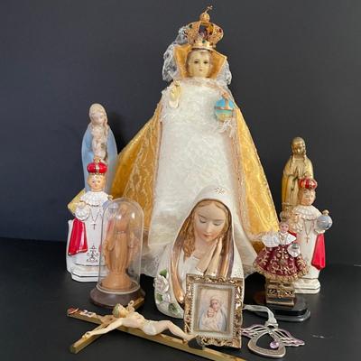 LOT 2: Assortment of Religious Items Including Infant of Prague Statute, Madonna Bust, Holy Bible in Wooden Case and Black Leather...