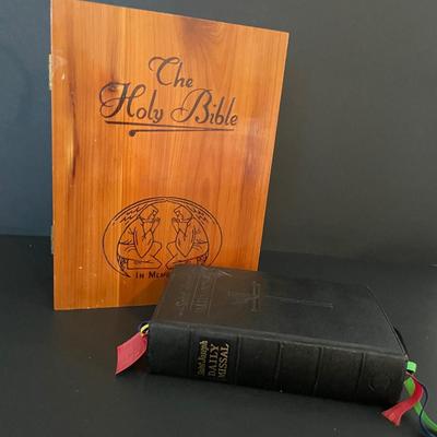 LOT 2: Assortment of Religious Items Including Infant of Prague Statute, Madonna Bust, Holy Bible in Wooden Case and Black Leather...