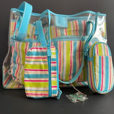 LOT 3: Colorful Handbags, Striped Knitting Tote, Clear Beach Bag with Matching Accessories and Blue Clutch Purse with Shoulder Strap