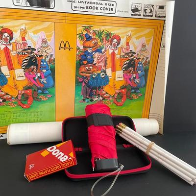 LOT 5: All Things Ronald McDonald Featuring Ronald McDonald Graphic Tee Shirt, Back to School Book Covers, Pencils, Miniature Dolls and...