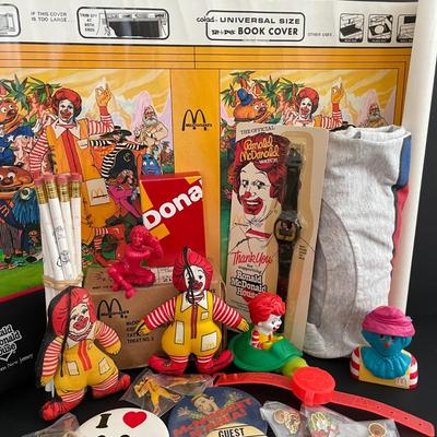 LOT 5: All Things Ronald McDonald Featuring Ronald McDonald Graphic Tee Shirt, Back to School Book Covers, Pencils, Miniature Dolls and...