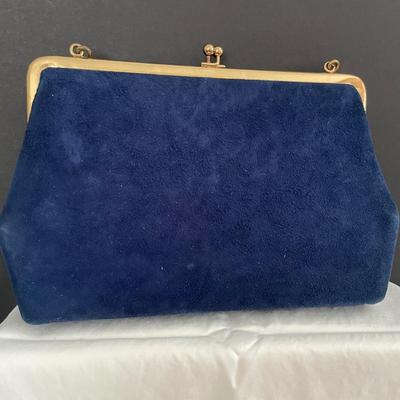 LOT 7: Evening Purses Galore Featuring a Gorgeous Vintage Blue Suede Evening Purse With Braided Gold tone Chain, Pair of Silvertone...