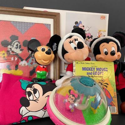 LOT 10: Vintage Items Featuring Mickey and Minnie Mouse, Pull String Mickey Mouse Talking Doll, Roly Poly Chime Ball, Wall Décor Art Set...