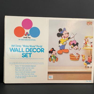 LOT 10: Vintage Items Featuring Mickey and Minnie Mouse, Pull String Mickey Mouse Talking Doll, Roly Poly Chime Ball, Wall Décor Art Set...