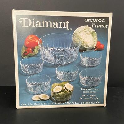 LOT 15: Fluted Glass Chip & Dip Set, Glass Serving Bowl & Salad Bowls, Copper Potpourri Pot, Six (6) Longchamp Wine Glasses and a...