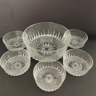 LOT 15: Fluted Glass Chip & Dip Set, Glass Serving Bowl & Salad Bowls, Copper Potpourri Pot, Six (6) Longchamp Wine Glasses and a...