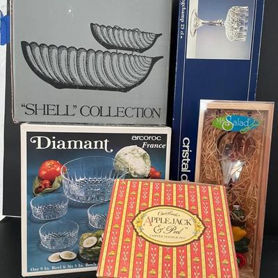 LOT 15: Fluted Glass Chip & Dip Set, Glass Serving Bowl & Salad Bowls, Copper Potpourri Pot, Six (6) Longchamp Wine Glasses and a...