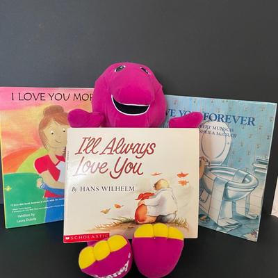 LOT: 20 Vintage Talking Barney and Three (3) of the most Beloved Children’s Books, Love You Forever, I’ll Always Love You, and I Love You...