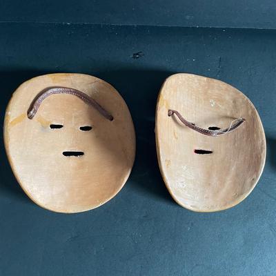 LOT:22 Colorful Collection of Hand Carved Tropical Beach Scenes and Two (2) Vibrant Hand Painted Folk Art Masks