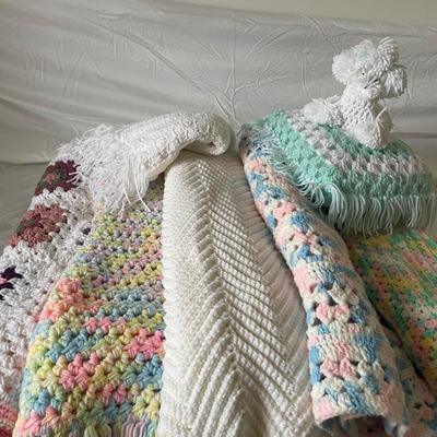 LOT 27: Colorful Collection of Hand Crochet Blankets and Throws (Various Sizes), Hand Crochet White Shoulder Shawl and Whimsical Hand...